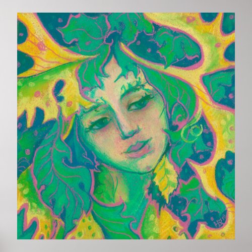 Forest Spirit Surreal Fantasy Portrait Green Folk Poster