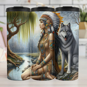 Forest Spirit, Woman, Wolf Companion. Thermal Tumbler