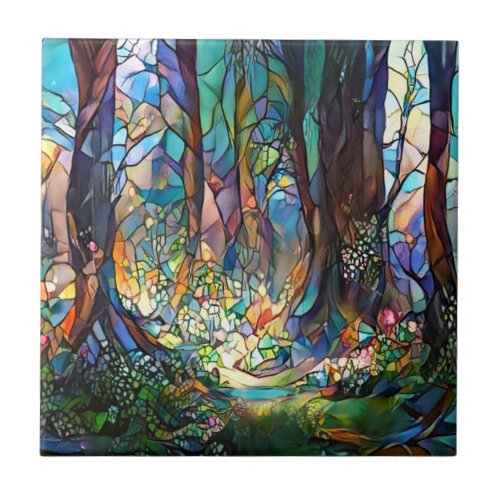 Forest Stained Glass Style Ceramic Tile