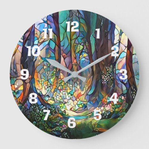 Forest Stained Glass Style Round Clock