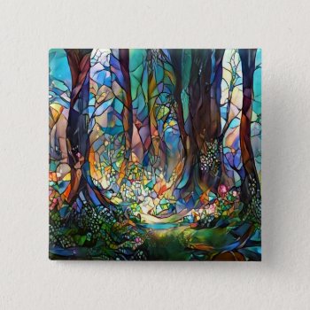 Forest Stained Glass Style Square Button by AutumnRoseMDS at Zazzle