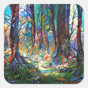 Forest Stained Glass Style Square Sticker by AutumnRoseMDS at Zazzle