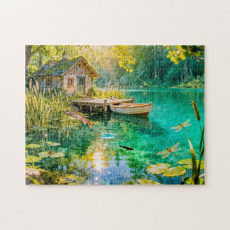 Forest Stream Cottage with Ducks, piere and Dock A Jigsaw Puzzle