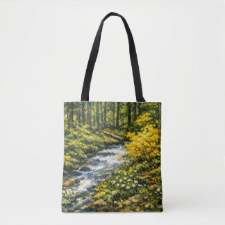 Forest Stream with Yellow Wildflowers Tote Bag
