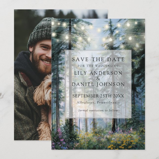 Forest String Lights Floral Rustic Photo Wedding Save The Date (Front/Back)