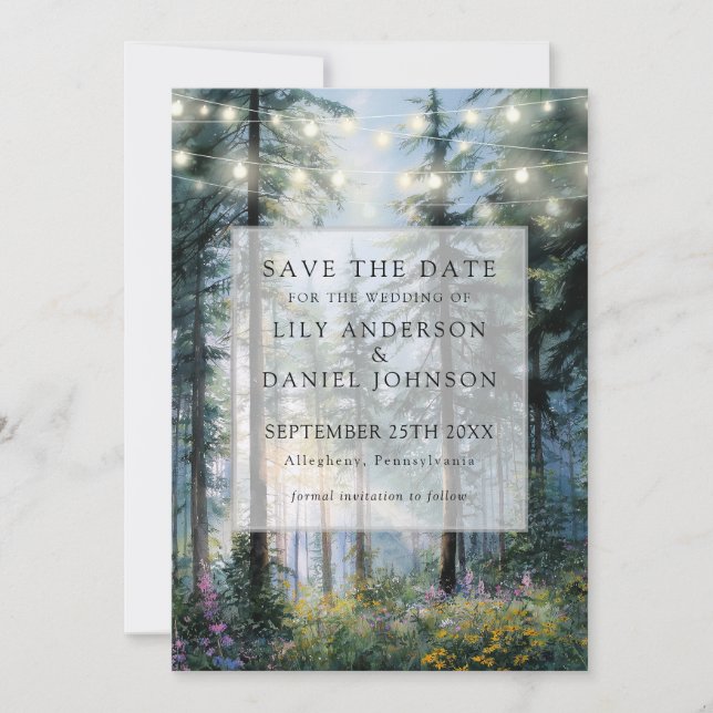 Forest String Lights Wildflowers Floral Wedding Save The Date (Front)