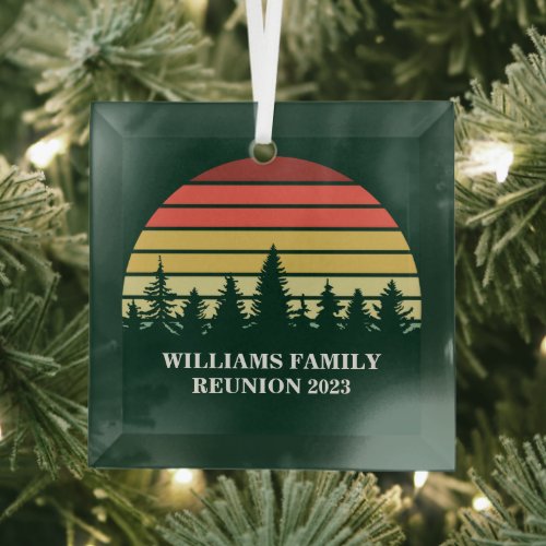 Forest Sunset Camping Trip Custom Family Reunion Glass Ornament