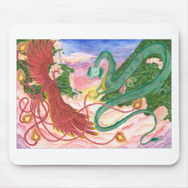 Forest Sunset Dragon and Phoenix Mouse Pad (Front)