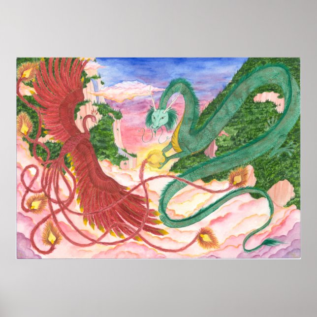 Forest Sunset Dragon and Phoenix Poster (Front)