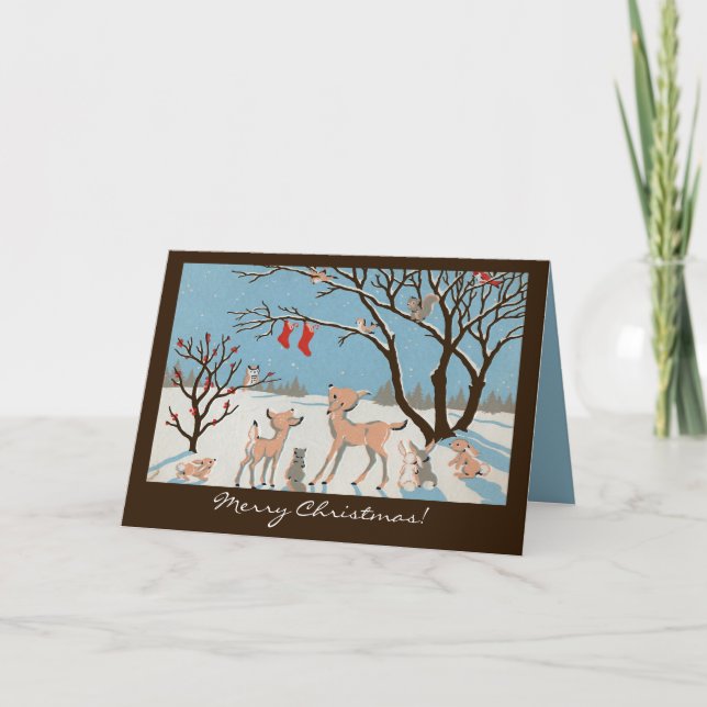 Forest Surprise Blue/Brown Christmas Cards (Front)