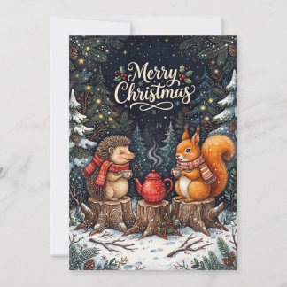 Forest Tea Party With Hedgehog And Squirrel Holiday Card