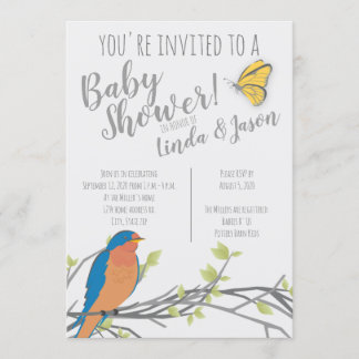 Forest Theme Baby Shower with Bluebird & Foliage Invitation