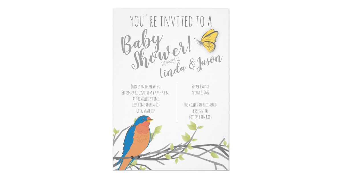 Forest Theme Baby Shower With Bluebird Foliage Invitation