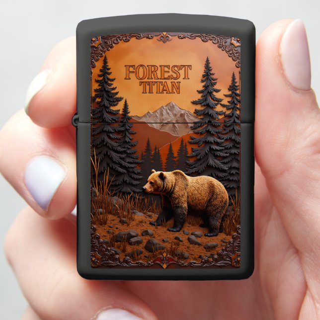 Forest Titan Bear Mountain Scene Zippo Lighter (In Hand)