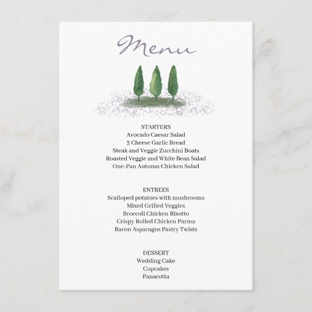 Forest Tree Lavender Wedding Service Menu