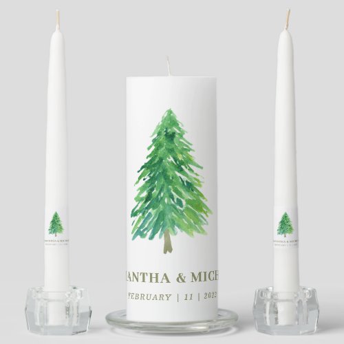 Forest Tree Watercolor Floral Classic Wedding Unity Candle Set