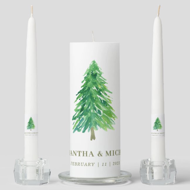 Forest Tree Watercolor Floral Classic Wedding Unity Candle Set