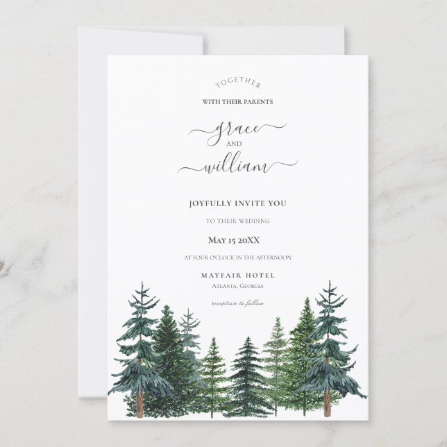 Forest Trees Calligraphy Script Wedding Invitation (Front)