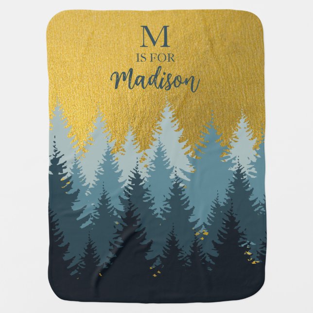 Forest Trees Golden Landscape Baby Monogram Baby Blanket (Front)