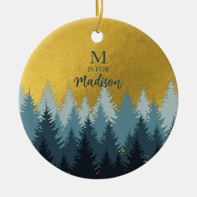 Forest Trees Golden Landscape Baby Monogram Ceramic Ornament (Front)