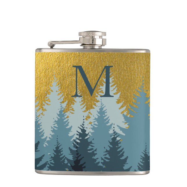 Forest Trees Golden Landscape Baby Monogram  Flask (Front)