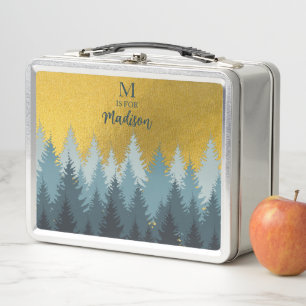 Forest Trees Golden Landscape Baby Monogram Metal Lunch Box