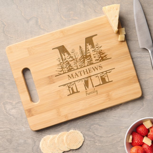 Forest Trees Letter M Family Name Engraved Cutting Board (Cheese)