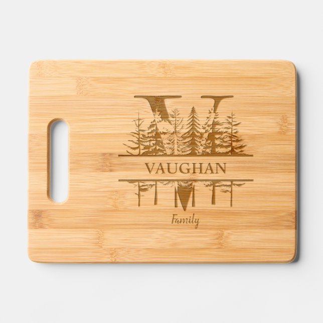 Forest Trees Letter V Family Name Engraved Cutting Board (Front)