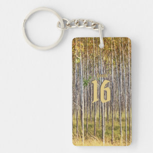 Forest trees log cabin room number keychain