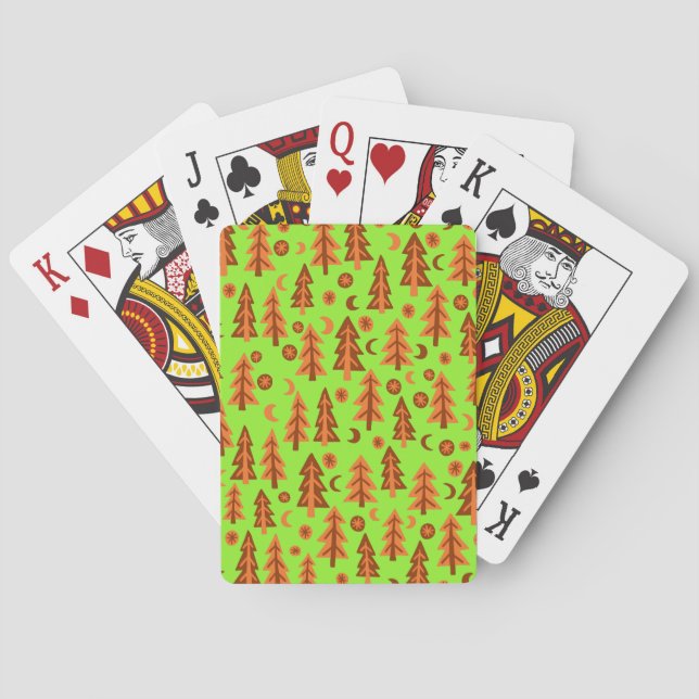 Forest Trees Moon Stars Pattern Green Red Poker Cards (Back)