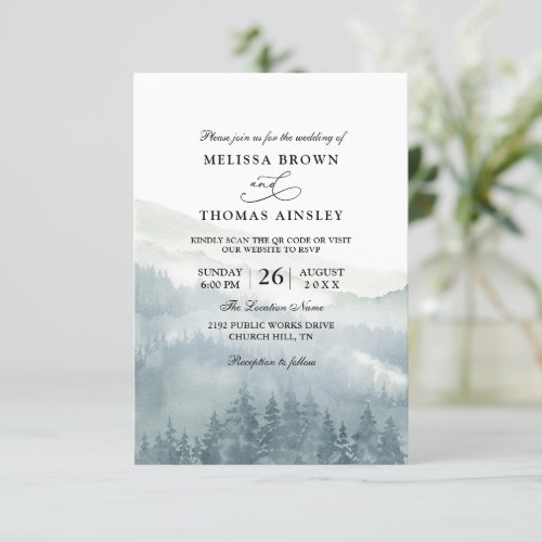 Forest Trees Pine Elegant Budget QR Code Wedding Invitation