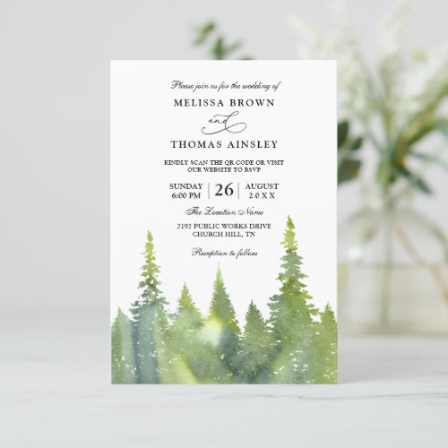 Forest Trees Pine Rustic Budget QR Code Wedding Invitation