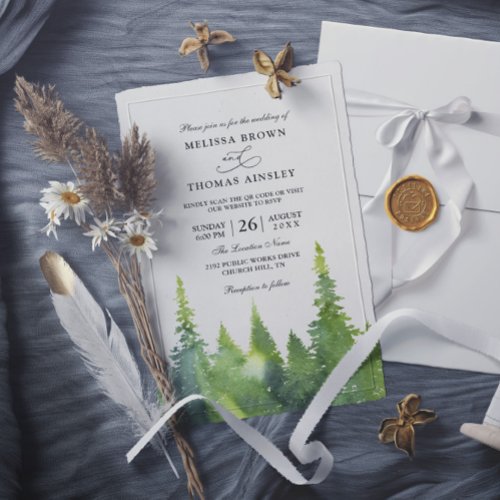 Forest Trees Pine Rustic Budget QR Code Wedding Invitation