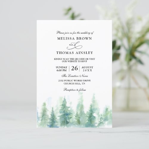 Forest Trees Pine Rustic Budget QR Code Wedding Invitation