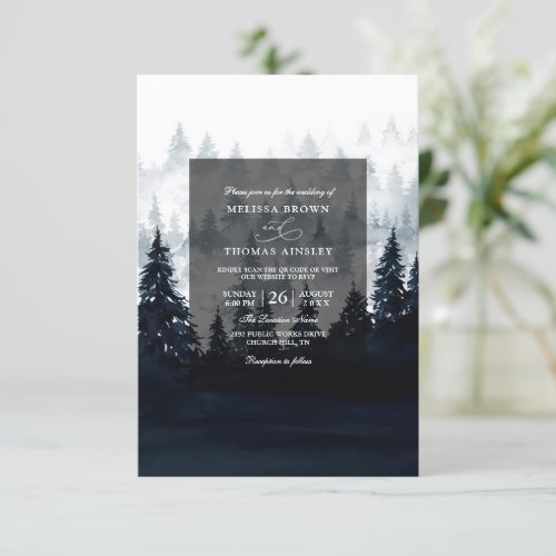 Forest Trees Pine Rustic Budget QR Code Wedding Invitation