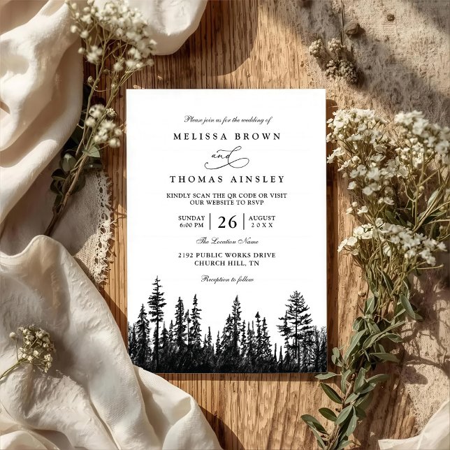 Forest Trees Pine Rustic Wood QR Code Wedding Invitation (Creator Uploaded)