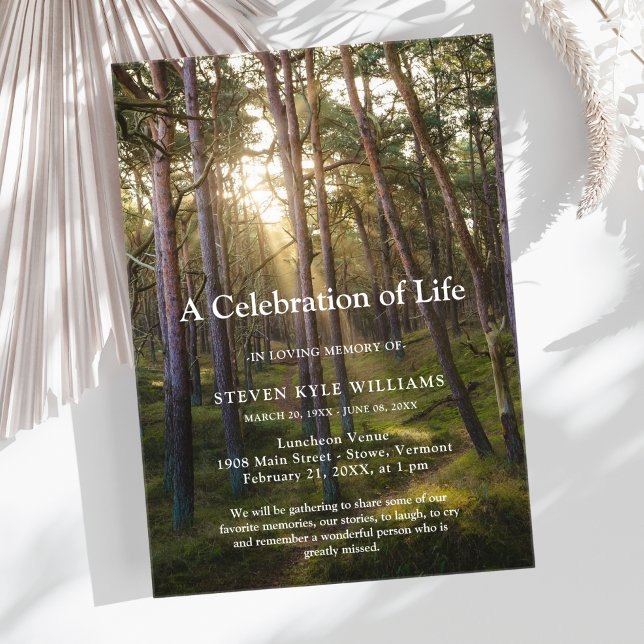 Forest Trees Sunset Celebration of Life Funeral Acrylic Invitations (Forest Memorial Invitation)