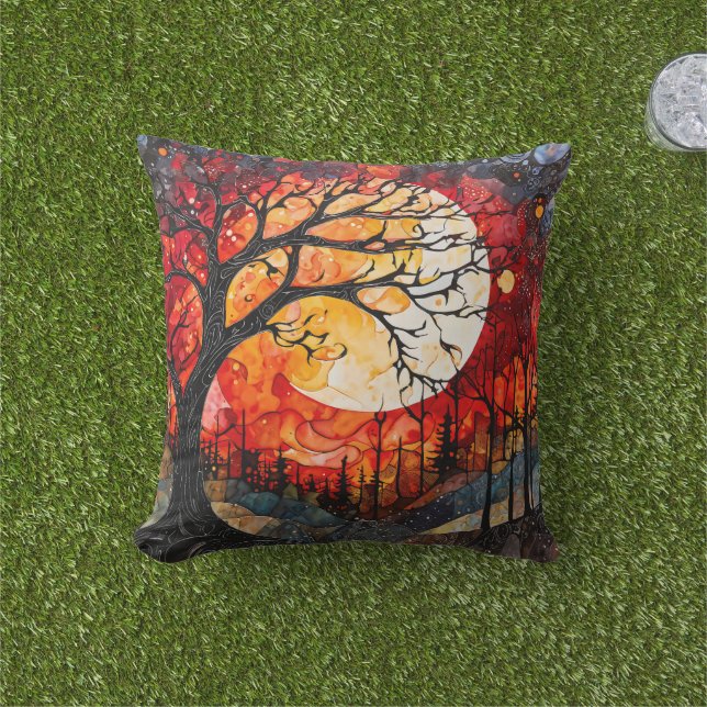 Forest trees under Full Moon Outdoor Pillow (Grass)