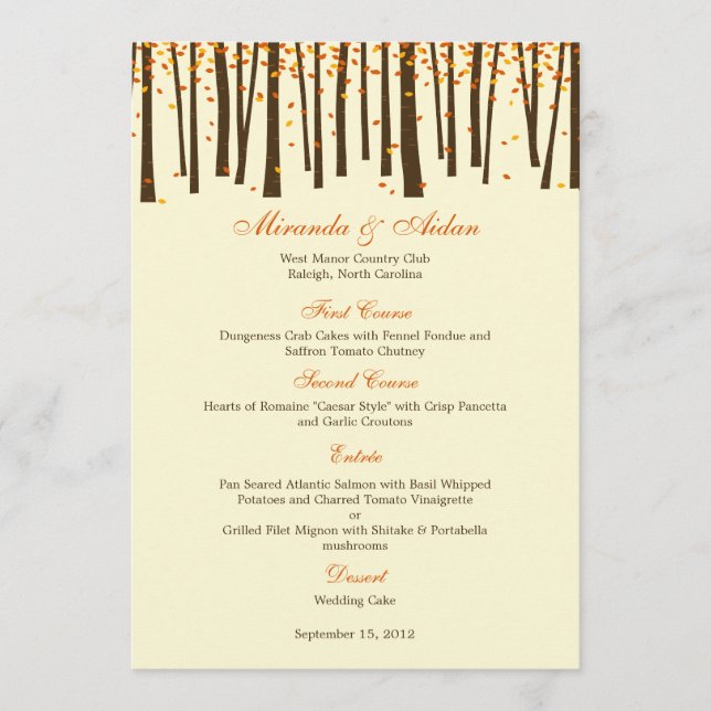 Forest Trees Wedding Menu Card - Orange - (Front)