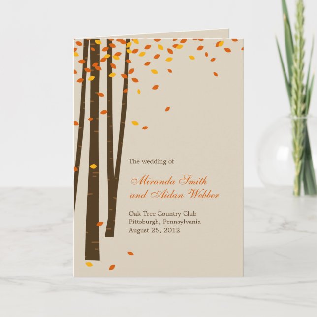 Forest Trees Wedding Program Card - Orange (Front)