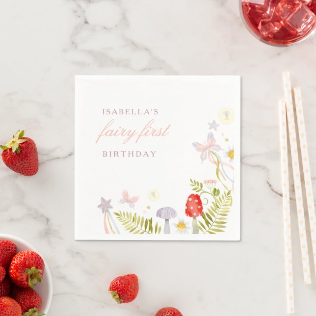 Forest Watercolor Greenery Fairy First Birthday Napkins (Insitu)
