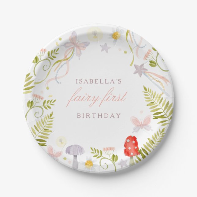 Forest Watercolor Greenery Fairy First Birthday Paper Plates (Front)