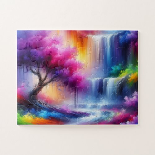 Forest Waterfall AI Generated Abstract Painting Jigsaw Puzzle