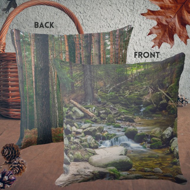 Forest waterfall and pine forest throw pillow (Creator Uploaded)