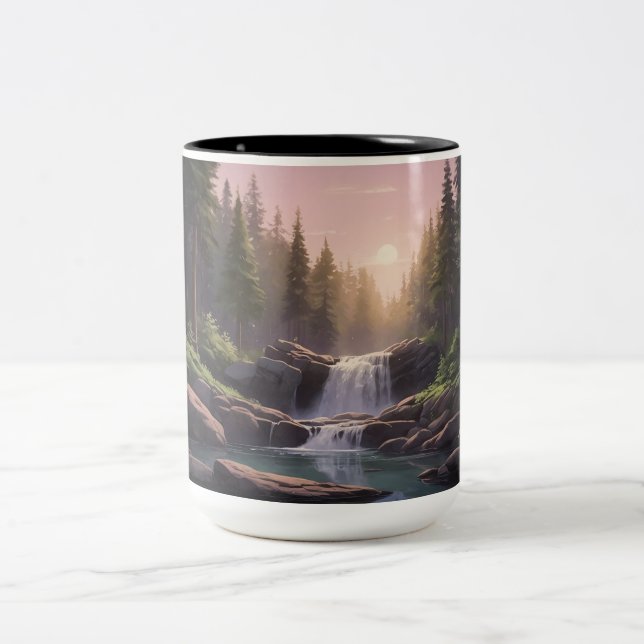 Forest Waterfall, Dusk Sky & Pool | Serene Nature Two-Tone Coffee Mug (Center)