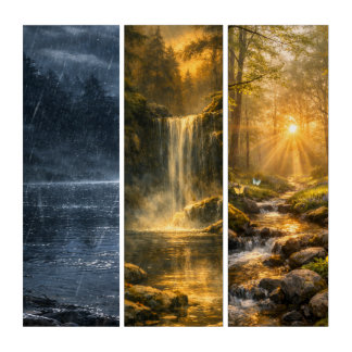 Forest Waterfall – Three‑Panel Triptych Wall Art