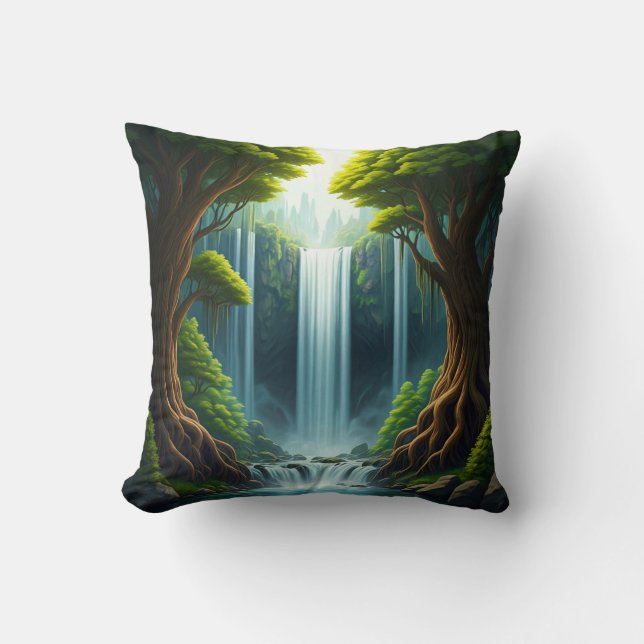 Forest Waterfall  Throw Pillow (Front)
