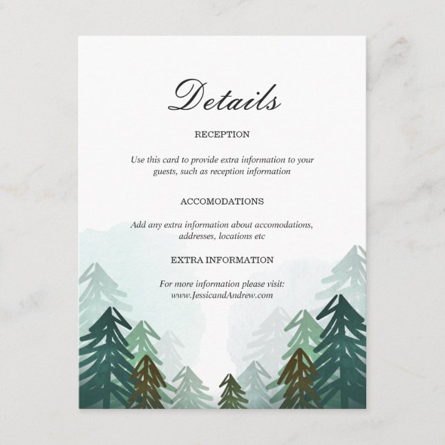 Forest Wedding Guest Information Card Pine Trees (Front)