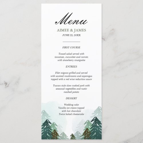 Forest Wedding Menu Elegant Pine trees Winter Wood