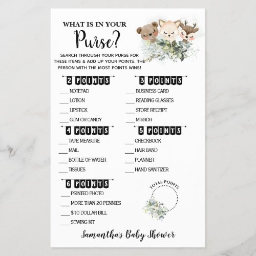 Forest What is in your Purse Baby Shower Game Card Flyer